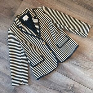 LOFT Navy & Cream Striped Blazer, Size 14 (Large), Gold Button Preppy Jacket